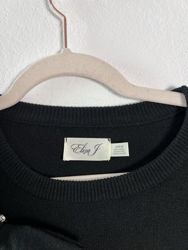 Eliza J Women’s Black Sweater With Beaded Ribbon Pullover Crew Neck Sweater Med - Picture 6 of 8