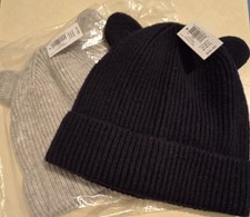 Two Baby Gap Winter Hats Cotton Blend Knit Cuffed With 'Ears' Navy  Gray NWT