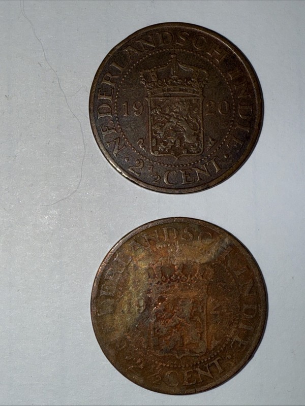 2 coins 1920 NETHERLANDS EAST INDIES (INDONESIA) 2 1/2 CENT KM316  FREE SHIPPING
