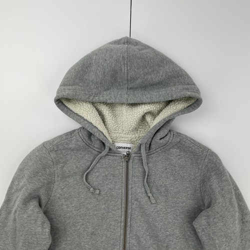 CONVERSE Hoodie Large Grey Womens Full Zip Logo Fleece Lined Sweatshirt - Picture 4 of 12