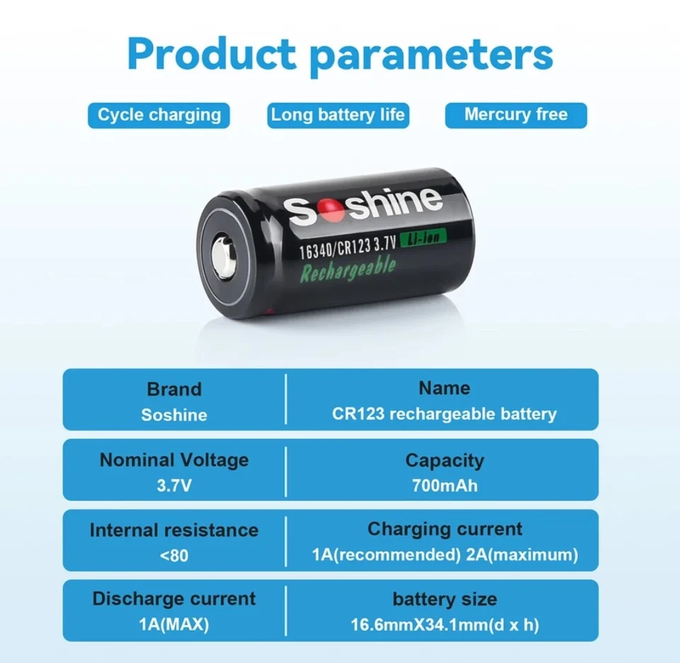 Batería recargable de iones de litio de capacidad real 16340 RCR123A 700mAh 500 ciclos de carga Foto 2 de 4