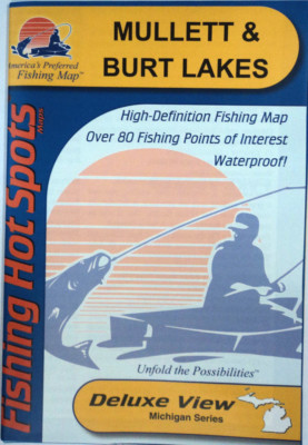Mullett & Burt Lakes Detailed Fishing Lake Map, GPS Pts, Waterproof, Depth #M302