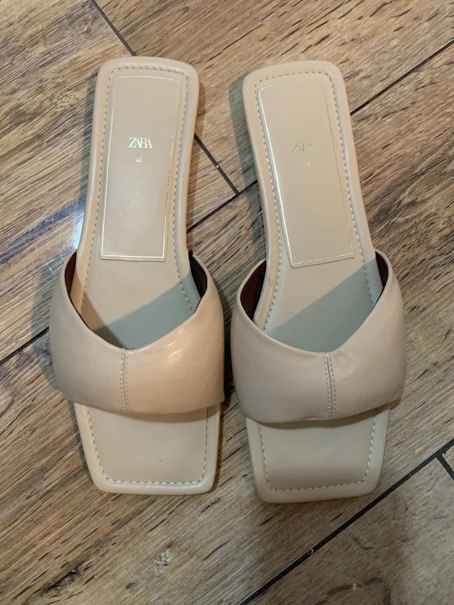 ZARA 2021 Nude SQUARE TOE Slides SANDALS SIZE 10 beige eBay