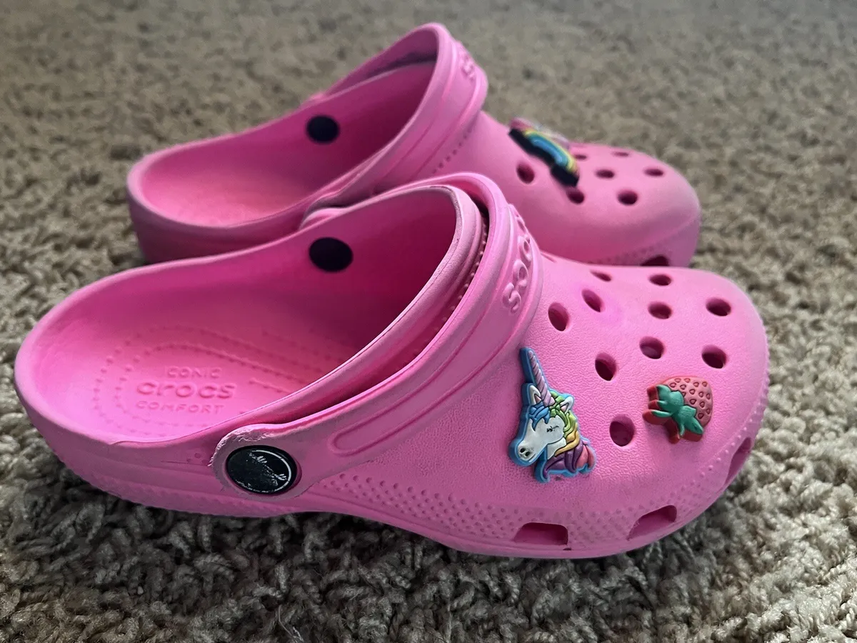 Kids Youth Girls CROCS Size 13 C13 With 4 Jibbitz Charms Comfort Clogs Pink