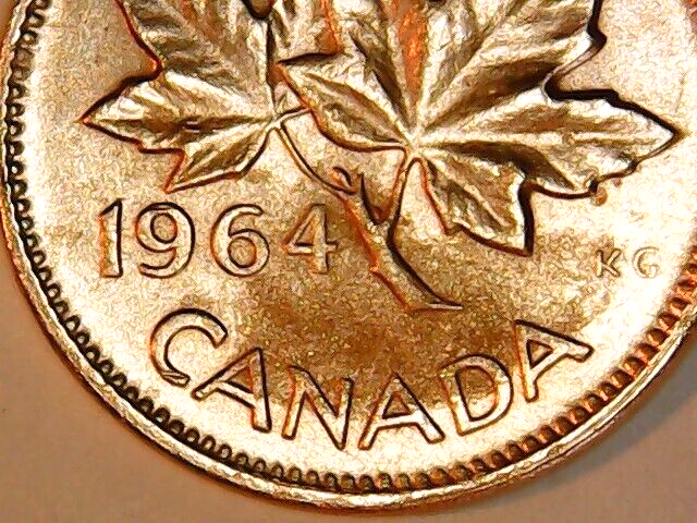 1964 Canada Cent Circulated Red-Brown Extra Maple Leaf Spine Queen