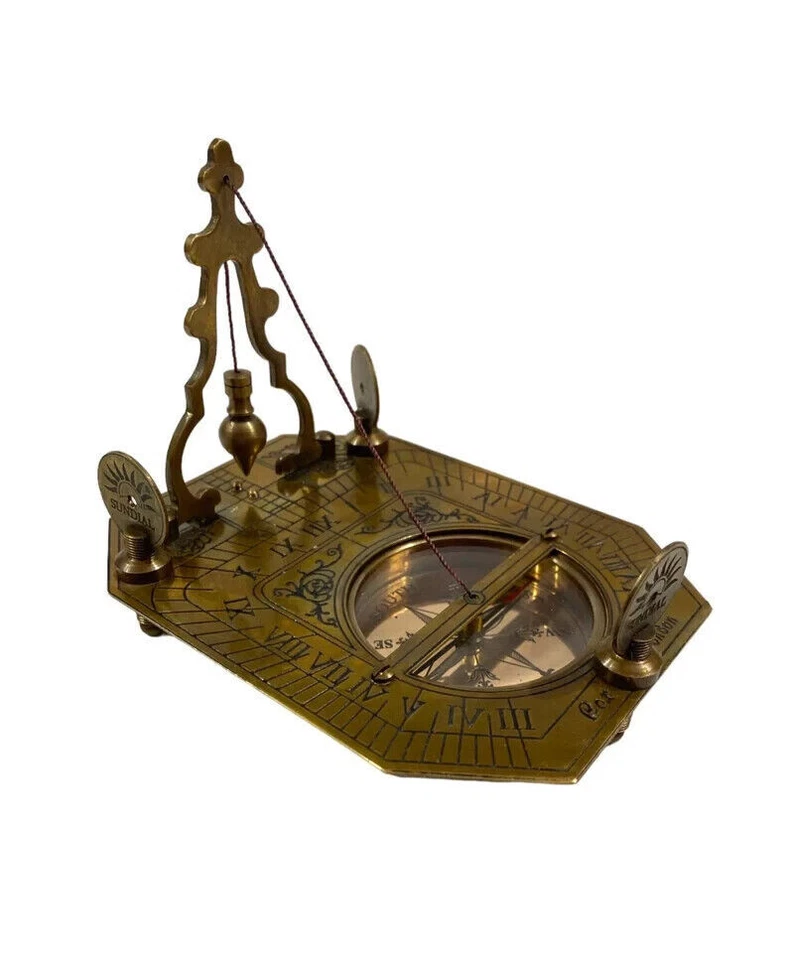 Antiguo reloj de sol péndulo de latón cromado de aspecto vintage con brújula Gilbert caja de madera Foto 3 de 4