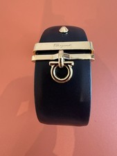 Salvatore Ferragamo Wide Navy Leather Cuff Bracelet Gold Gancini Hardware