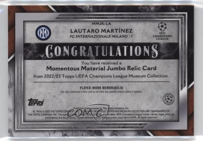 2022 Topps Museum Collection UCL Jumbo Relic Gold 47/50 Lautaro Martinez - Image 2 of 3
