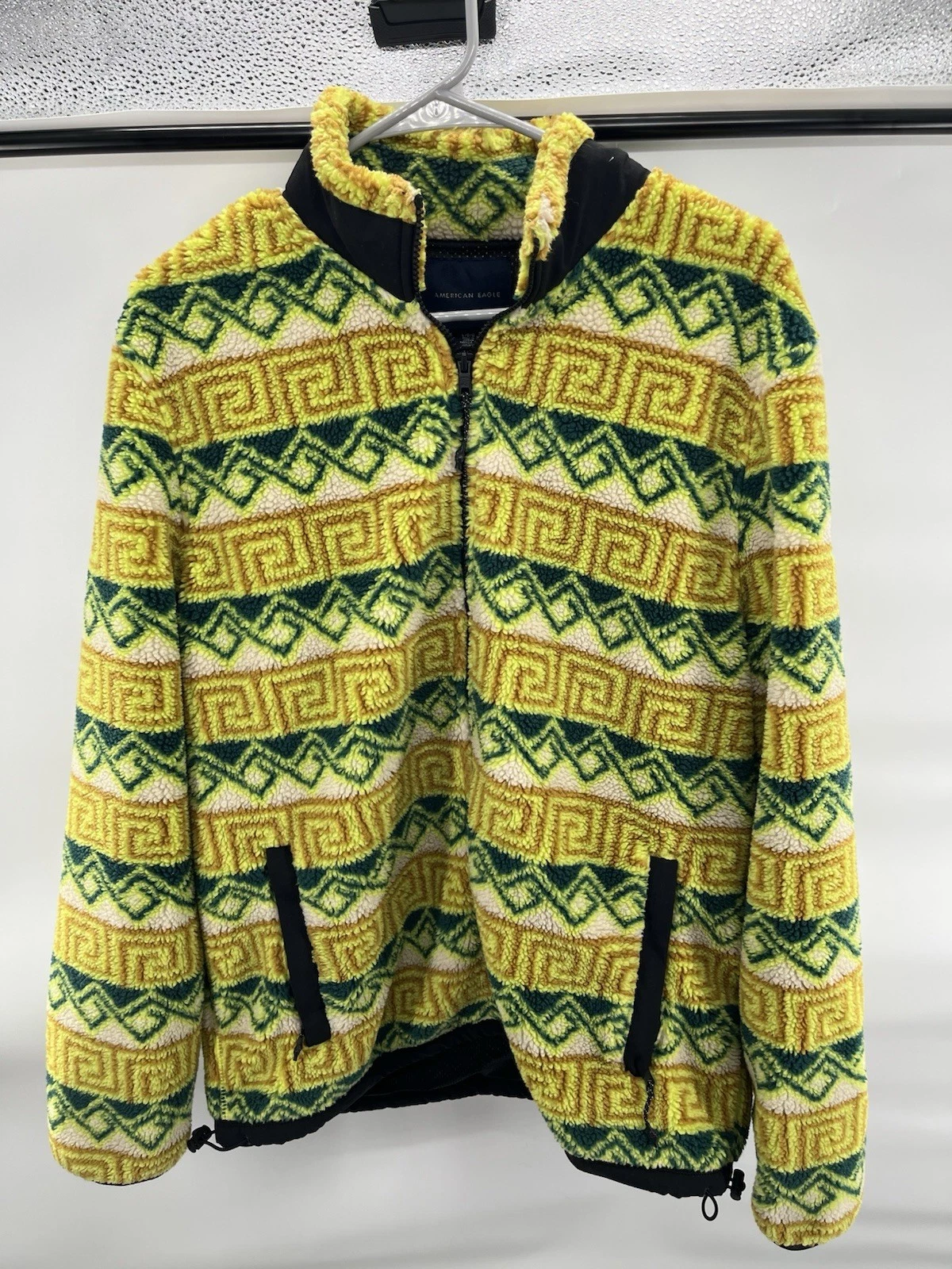 American Eagle Sherpa Jacket Mens Large Fleece Pile Aztec Mesh Lined Yellow