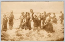 RPPC Group Swimming Holding Rope at Oregon Coast? c1920s Real Photo Postcard