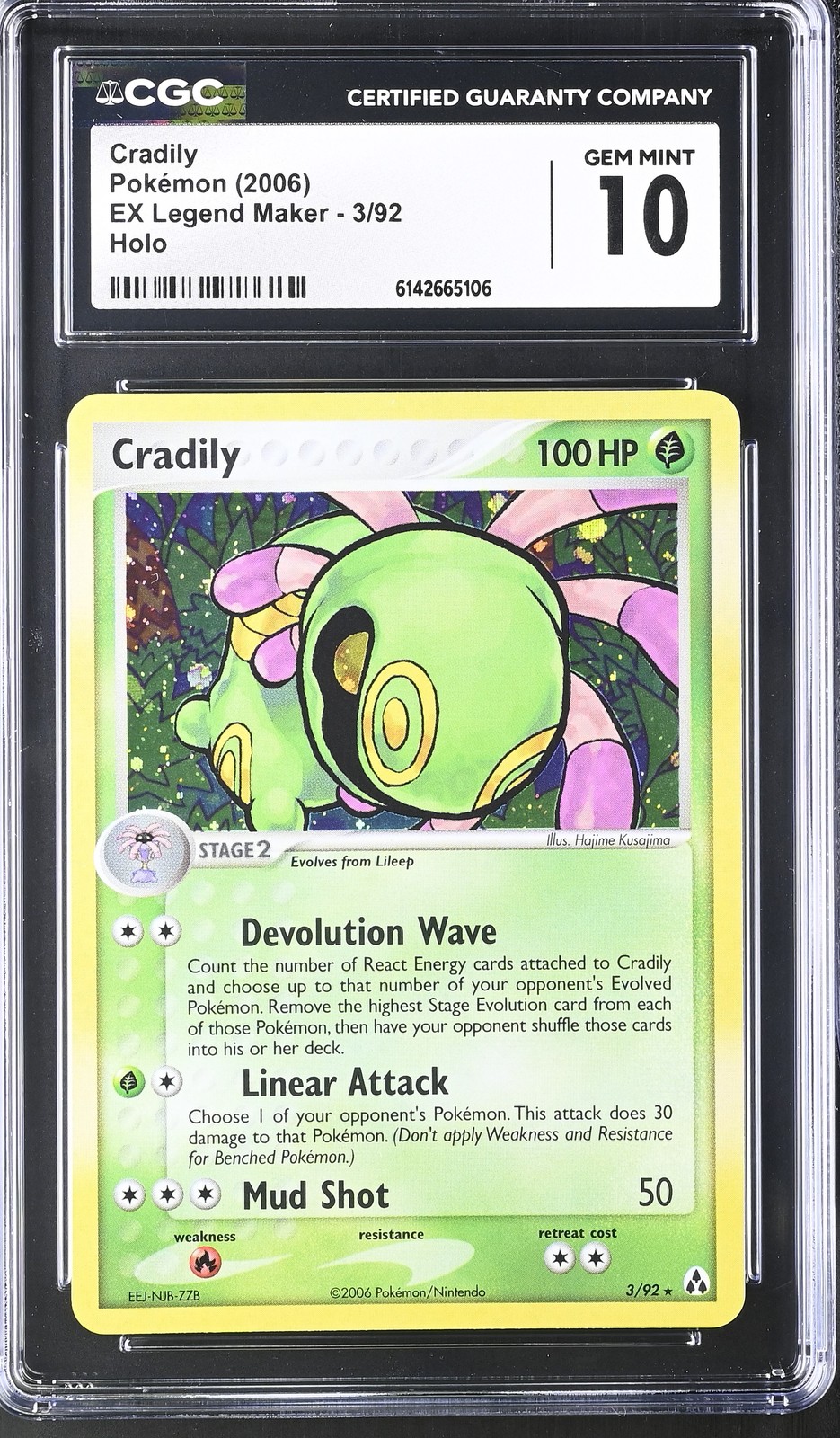 CGC 10 GEM MINT Cradily 3/92 EX Legend Maker Holo Pokemon Card