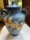 Roseville Blue Pottery Zephyr Lily Two Handled Ginger Jar Vase With Lid 9.5”
