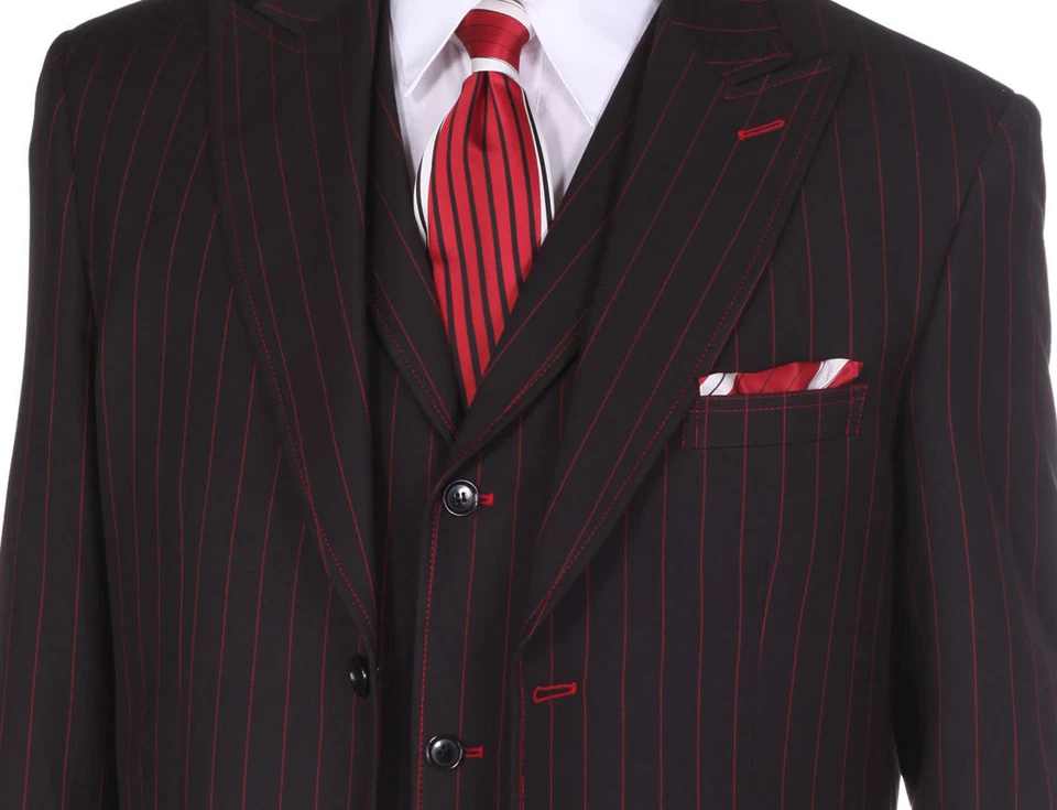 Men's Classic Pinstripe Suit W/Matching Vest And Pants Black 38R~56L 36" Length - Image 2 of 3