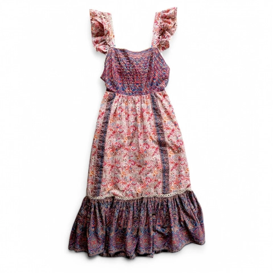 Haute Hippie Boho Cotton Paisley Ruffle Flutter Sleeve Maxi Dress Tie Back Sz 14 - Image 3 of 4