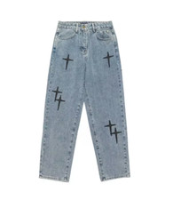 Baggy Wide Leg blue jeans custom cross embroidery Y2k streetwear style All sizes
