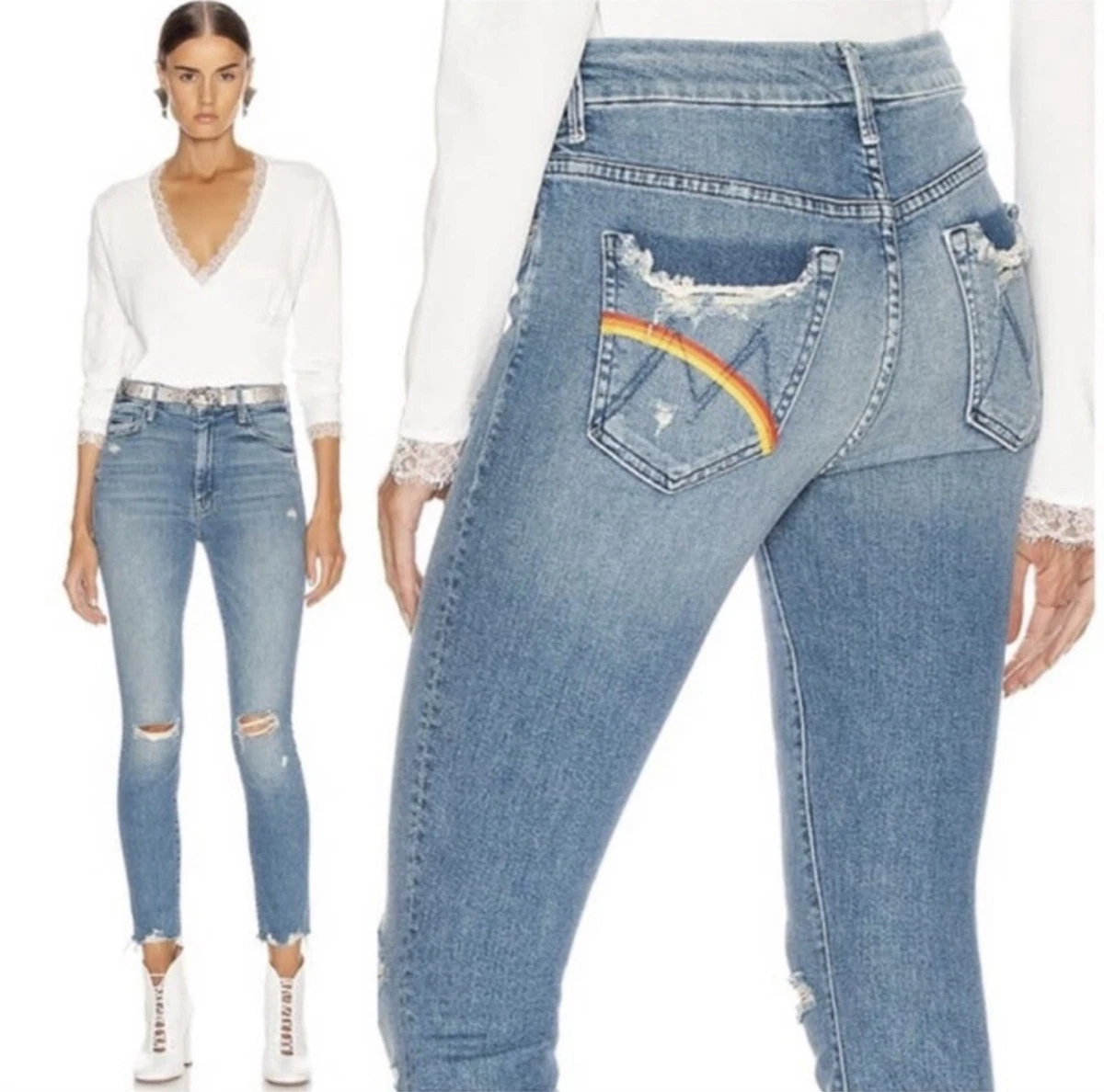 Mother Jeans High Waisted Looker Ankle Chew Learning to Hula Rainbow Embroidery