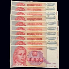 10x Yugoslavia 1 Billion Dinara 1993 Circulated Banknote Currency Cash