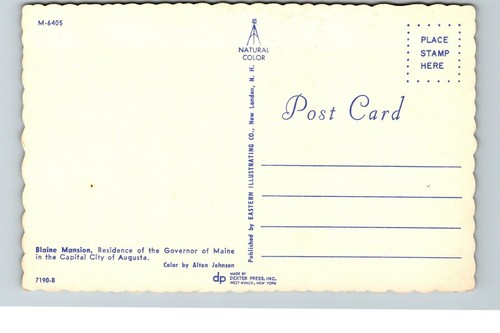Postcard Blaine Mansion Residence of Governor of Maine Capital City of Augusta - Picture 2 of 2