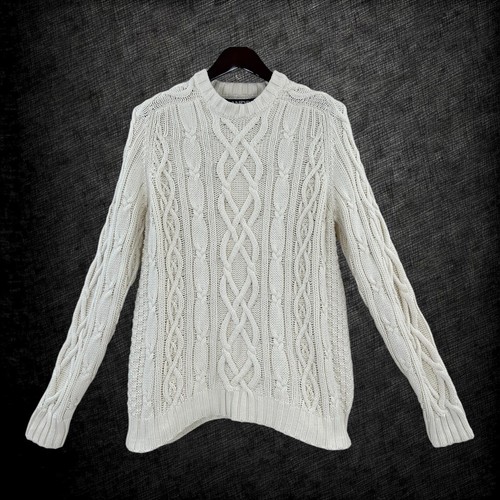 Lands’ End Fishermans Sweater Men’s Size L Cream Chunky Knit Long Sleeve Cotton