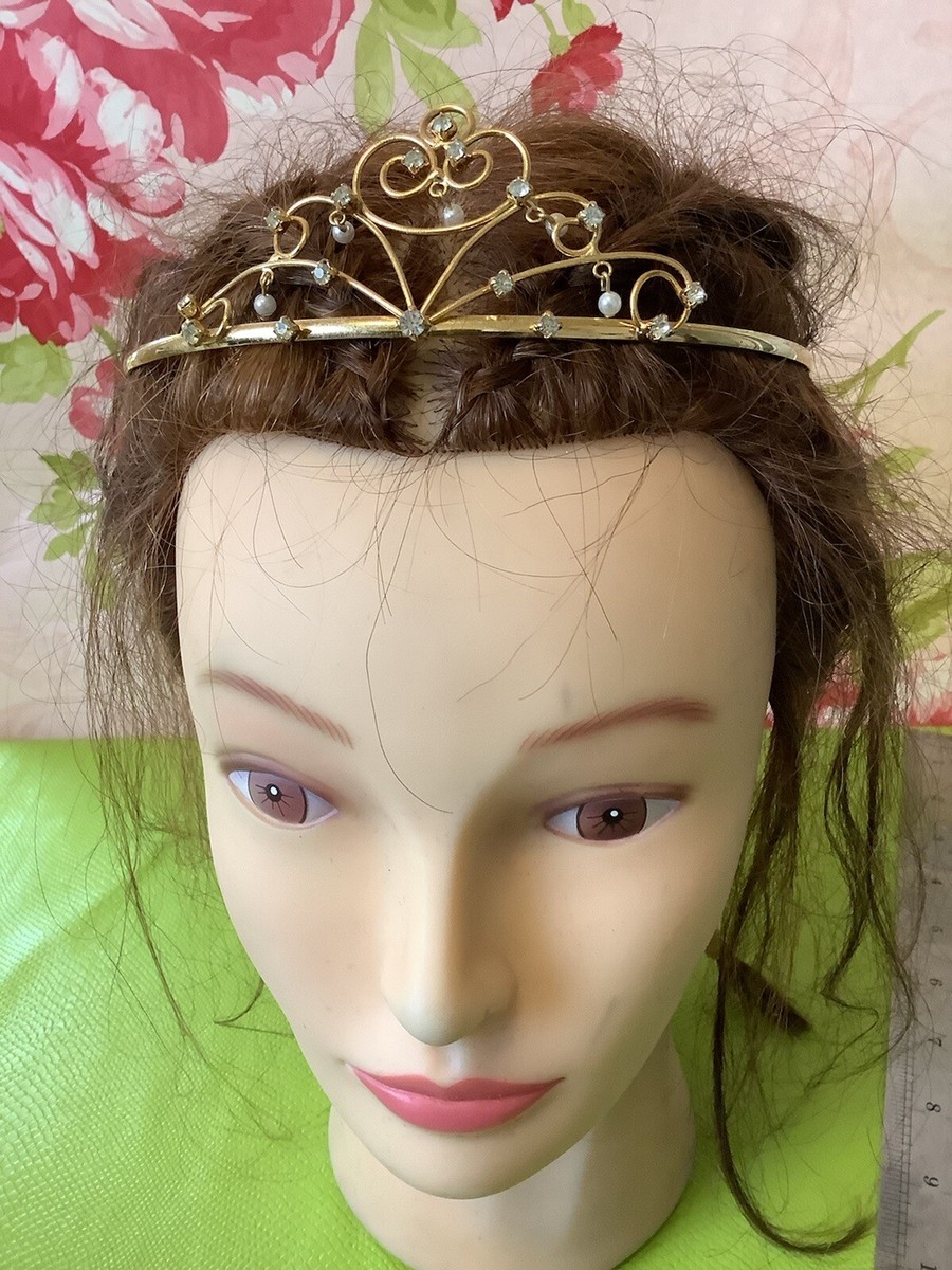 SIMPLE GOLD PEARL JEWELLED ALICE HAIR CORONATION Crown TIARA HEAD
