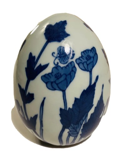 Vtg Lg Porcelain Egg Flowers Butterfly 4” Cobalt Blue on White Elegant
