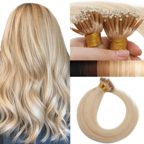 14"-24" 100S Nano Ring Tip Micro Bead Remy Human Hair Extensions 1g Double Drawn - Afbeelding 1 van 141