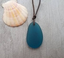 Hawaiian Jewelry Sea Glass Necklace, Teal Necklace Leather Cord Necklace Unisex