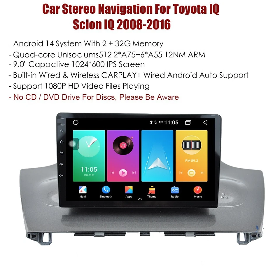 Car Radio Sat Nav Player Stereo For Toyota IQ Scion IQ 2008-2016 Carplay Camera - Image 2 of 4