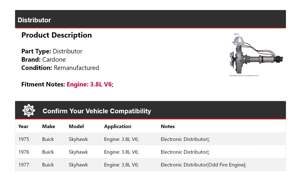 Para Buick Skyhawk 1975-1977 3,8 L V6 distribuidor Cardone 1976 Foto 2 de 4
