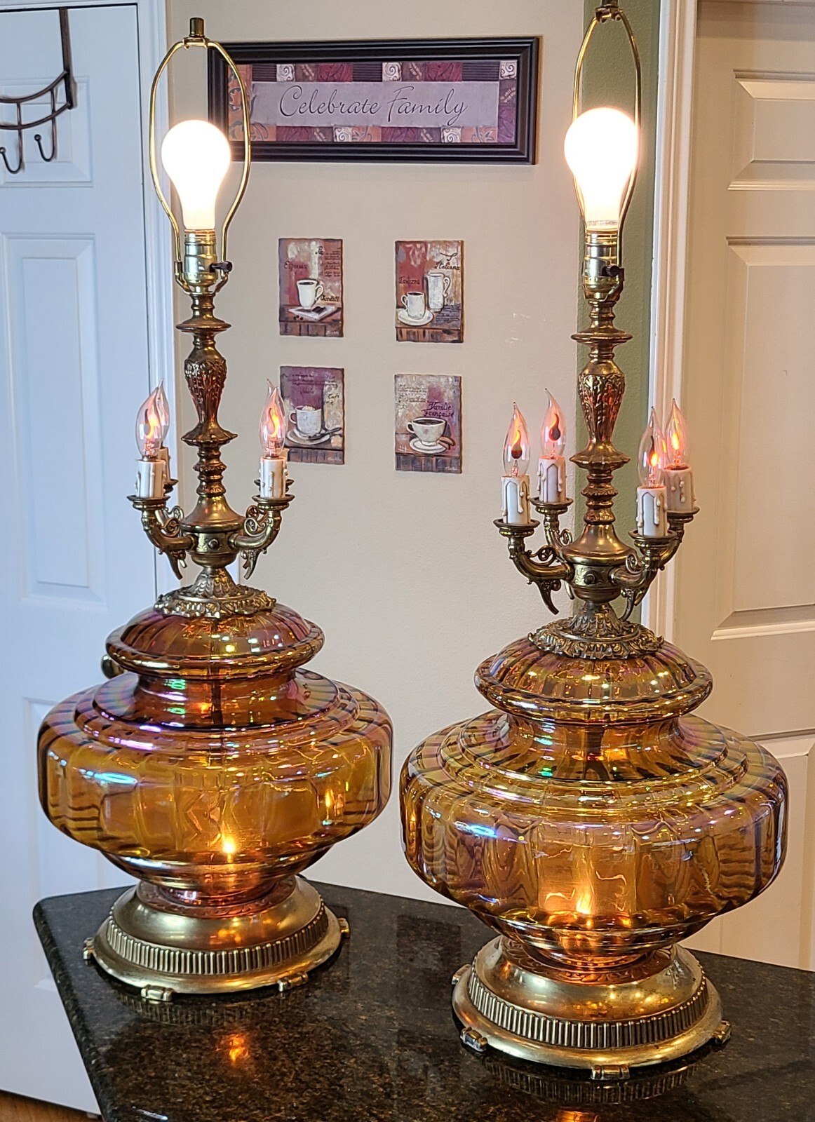 Mid Century Modern Hollywood Regency Iridescent Amber Glass Table Lamps PAIR XL