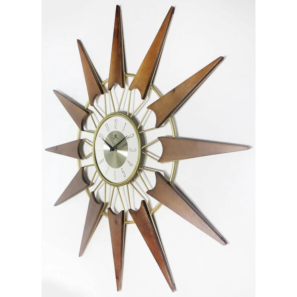 Wall Clock Starburst Wooden Rays Gold Metal Frame Open Face Midcentury Modern - Image 3 of 4