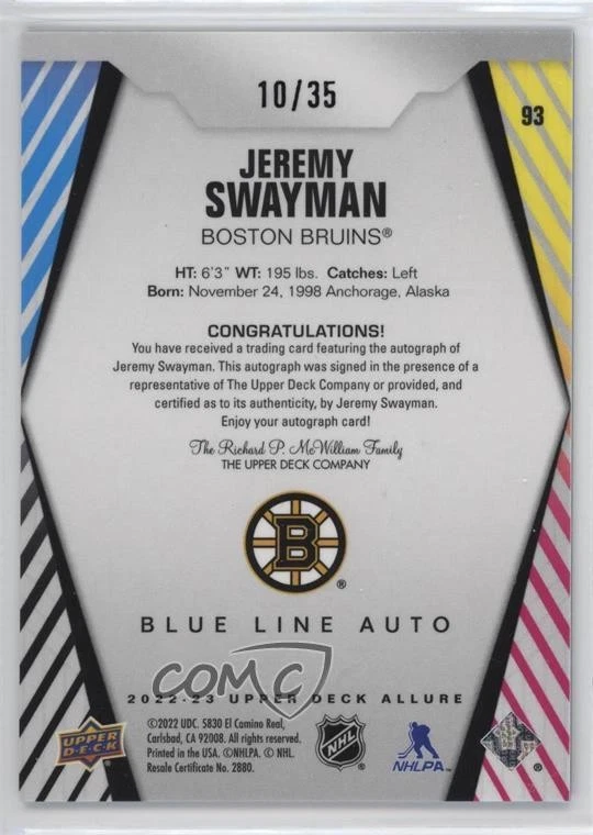 2022-23 Upper Deck Allure Blue Line Auto /35 Jeremy Swayman #93 Auto - Image 2 of 2