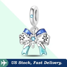 KUNSIR 925 Sterling Silver Snowflake Bow Bead Charm For Bracelet Dangle Charm