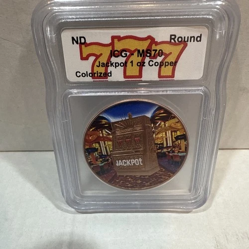 2025 ICG MS70 1OZ .999 COPPER COLORIZED *LAS VEGAS 777* "JACKPOT" ROUND  ND