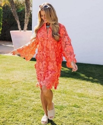 J.Marie Seraphina Dress XS Coral Short Floral 3D Lace 3/4 Sleeve Shift Kaftan