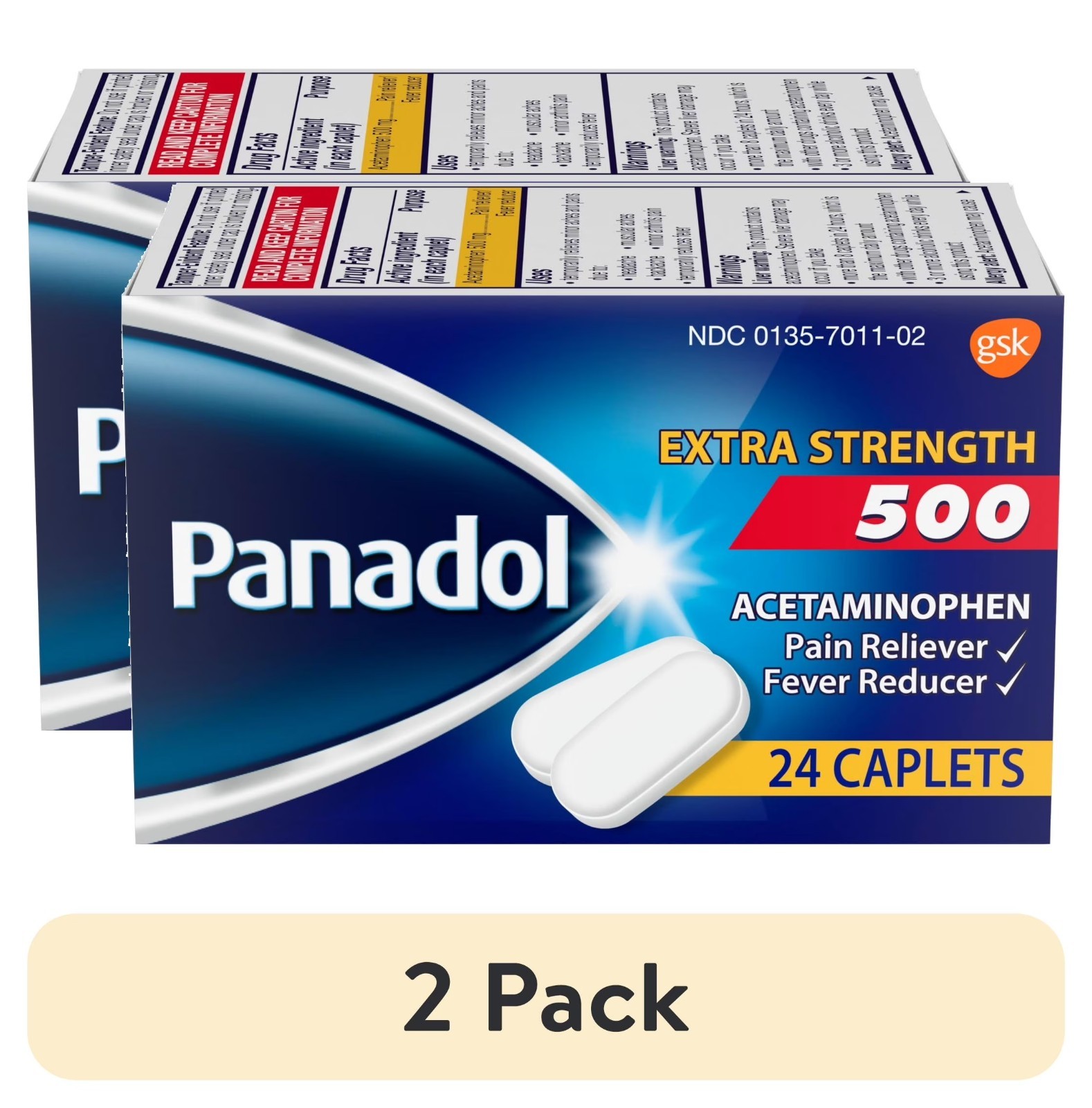 (2 pack) Panadol Extra Strength Caplets, Pain Reliever & Fever Reducer - 24ct