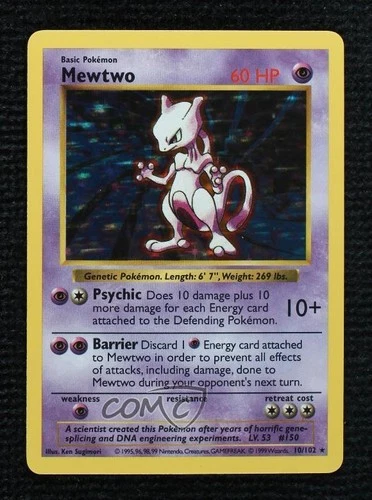 Mewtwo Holo Shadowless Pokemon Base Set #10 1999