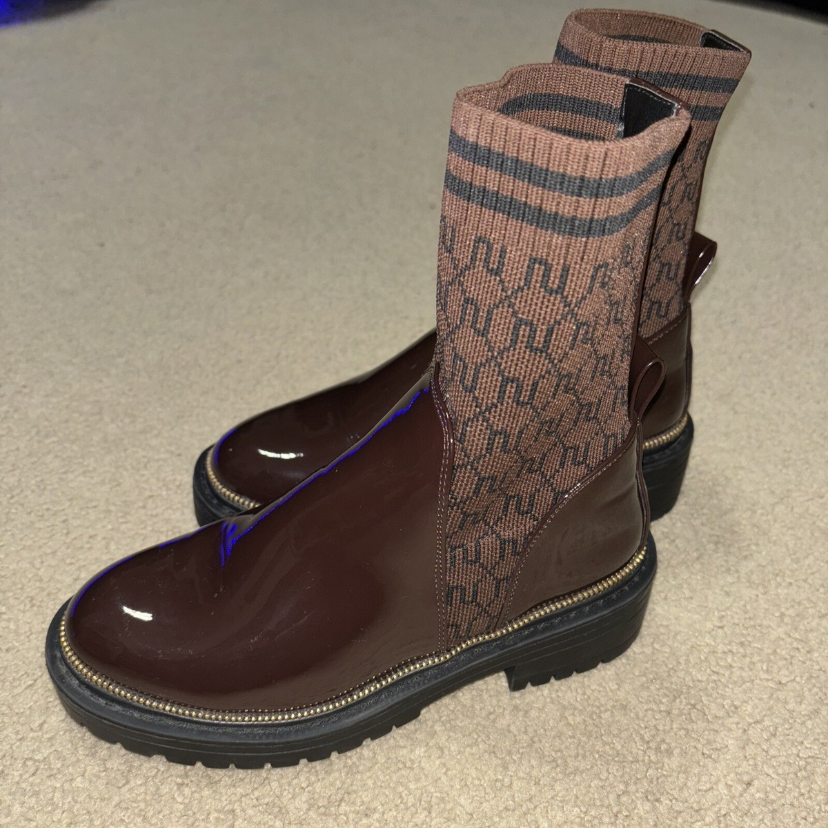 River Island Knit Sock Monogram Brown Patent Leather Women's Boot