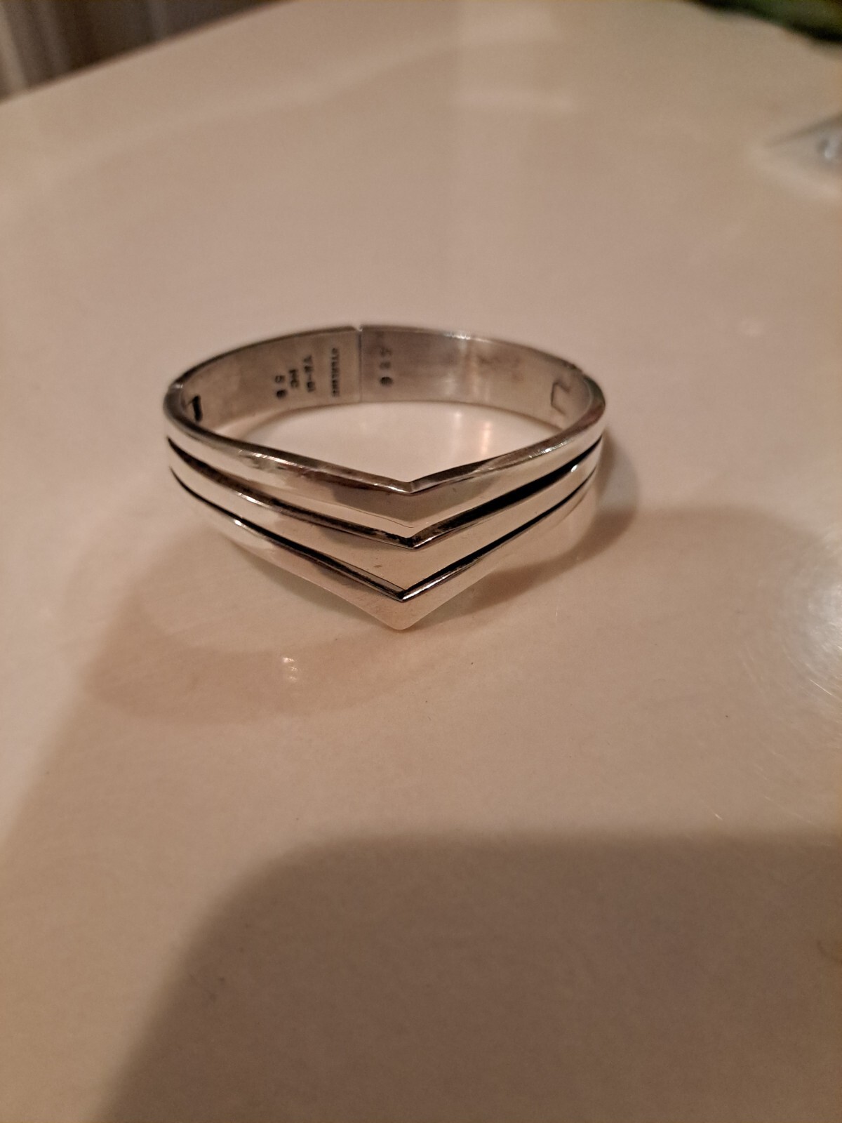 Cuff Bracelet Chevron Pattern Silver 925 Hinged 4… - image 1