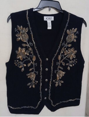 Koret Womens Navy Sweater Vest Shirt Top Green Mustard Art Floral Sz Small