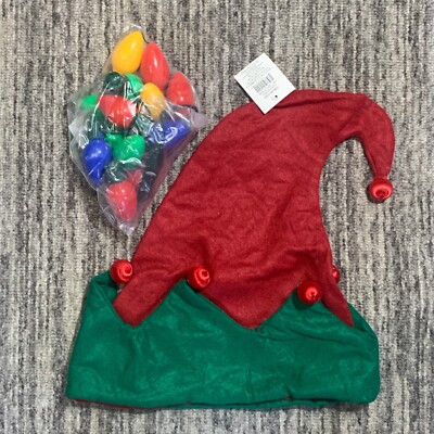 LED Elf Hat + Bulb Necklace Light Up Christmas Holiday Party Adult Costume