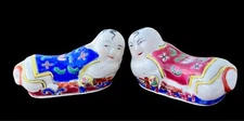 Vintage Set 2 ROC Chinese Pillow Baby Chopstick Rests Hand Painted Porcelain