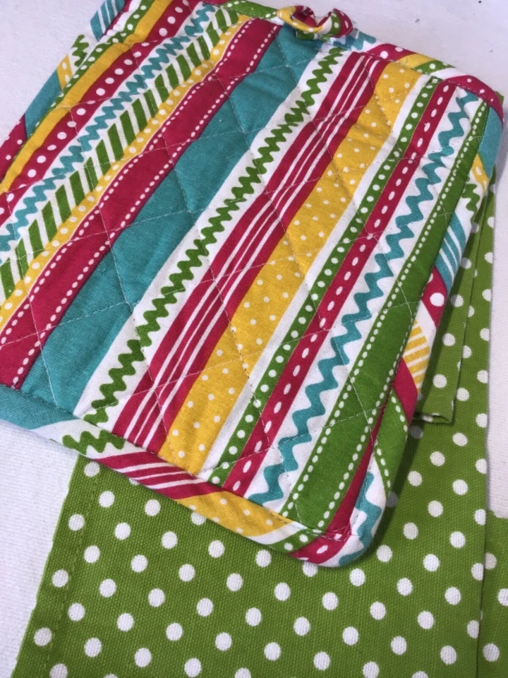 SOPORTE PARA OLLA Y TOALLA DE COCINA RITZ VERDE LUNARES TURQUESA BÚHO 100% ALGODÓN NUEVO CON ETIQUETAS Foto 3 de 4