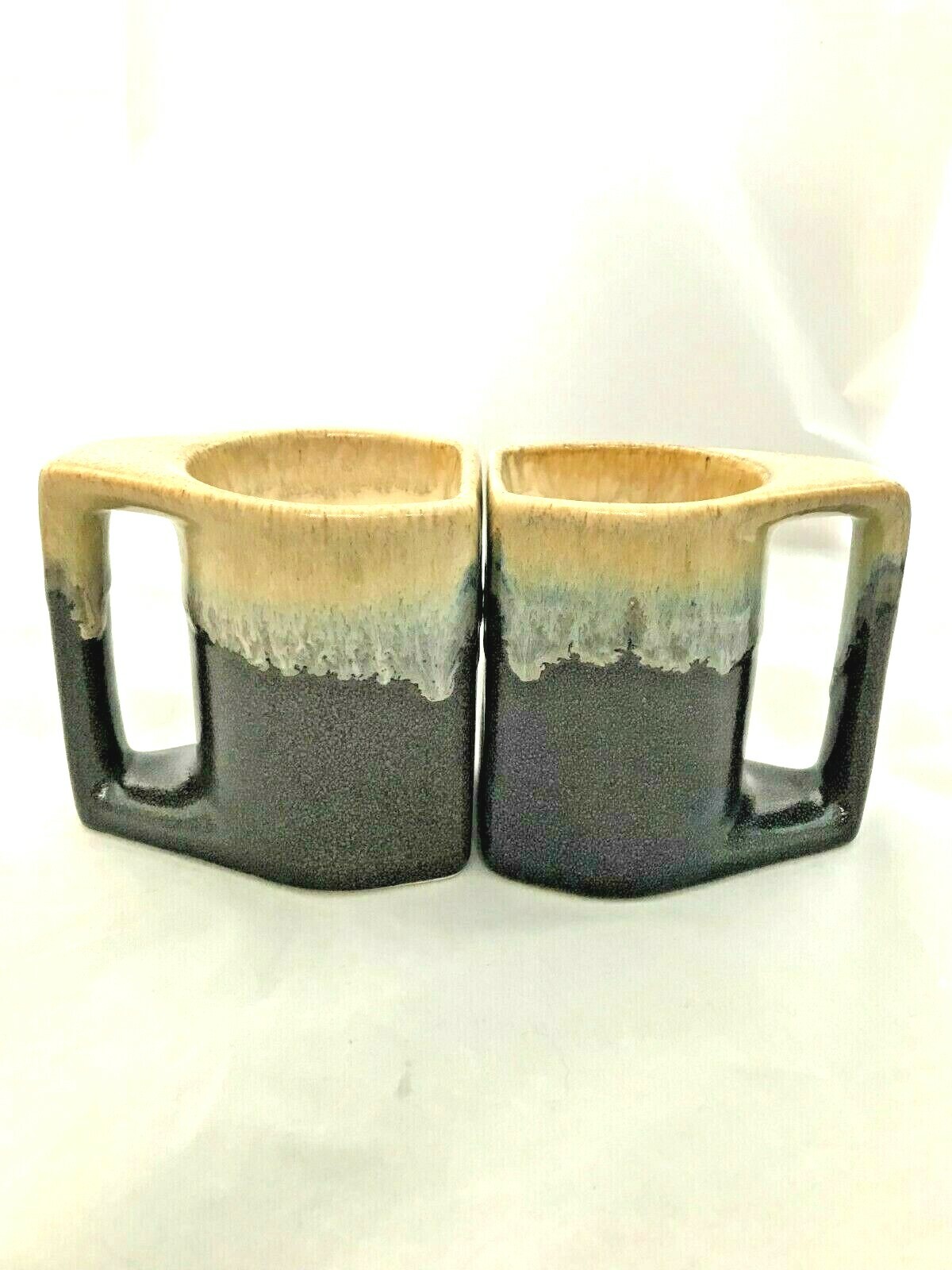 Two flat sided bookend style pottery mugs drip ombre glaze in dark purple eBay