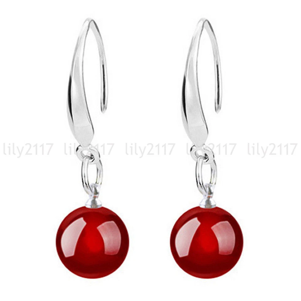 Natural 10mm Multicolor Jade Agate Round Gemstone Silver Hook Dangle Earrings - Image 3 of 4