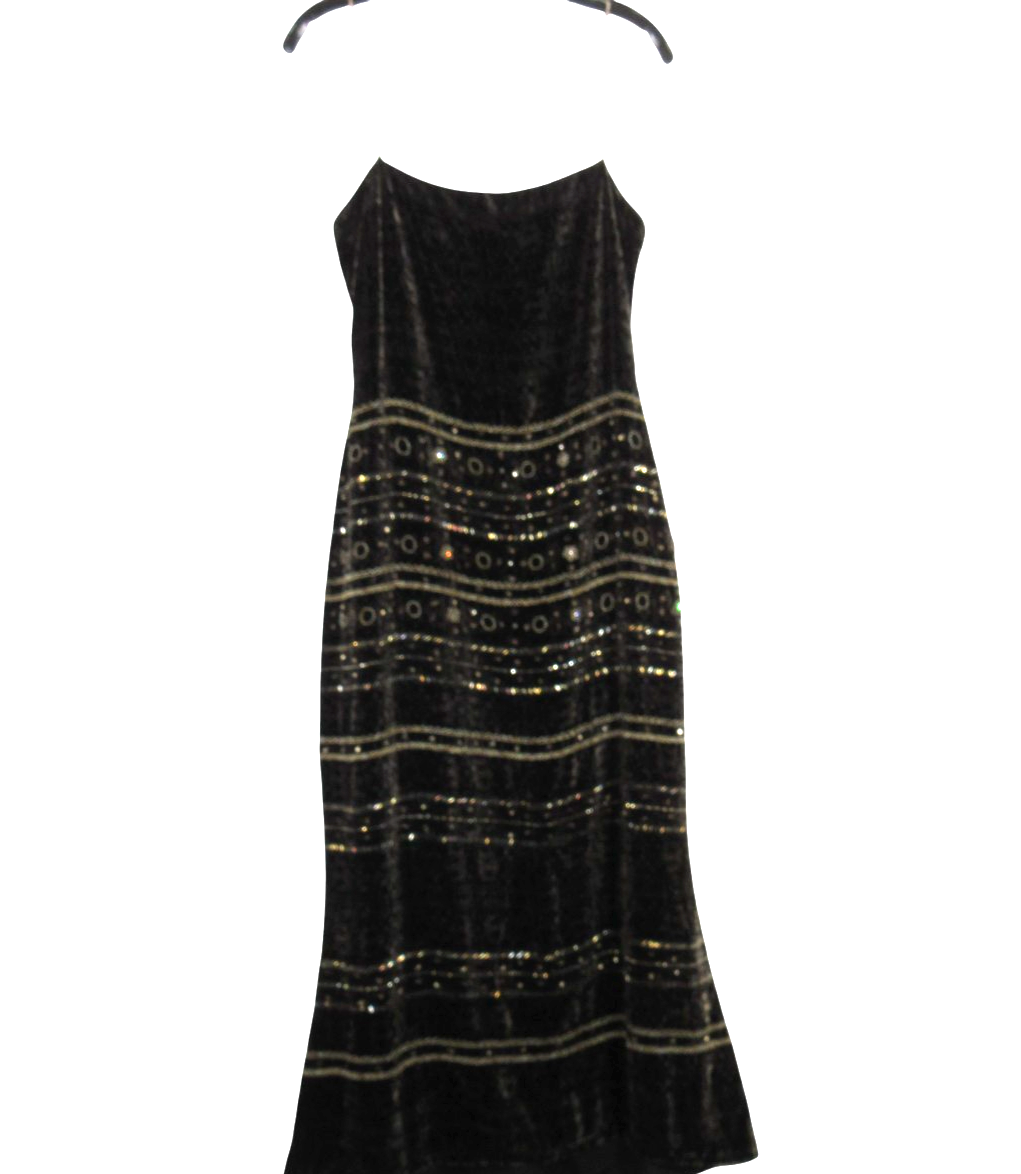 BADGLEY MISCHKA Brown VELVET DAMASK Stones/Beaded SLEEVELESS Cocktail Dress 12