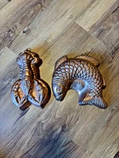 2 Vintage Copper Tin Lined Lobster & Fish Jello Baking Molds 