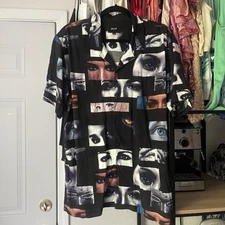 HUF men’s Black Graphic Rayon Girl Face Short Sleeve Button Up Shirt