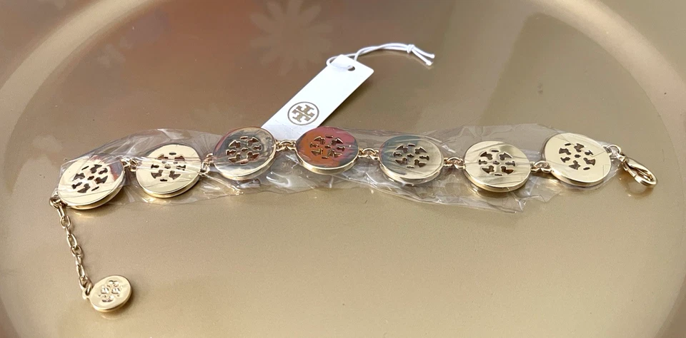Pulsera Ajustable Tory Burch BLANCA Esmalte Hueco Redondo Logo Nuevo con Etiquetas Foto 2 de 4
