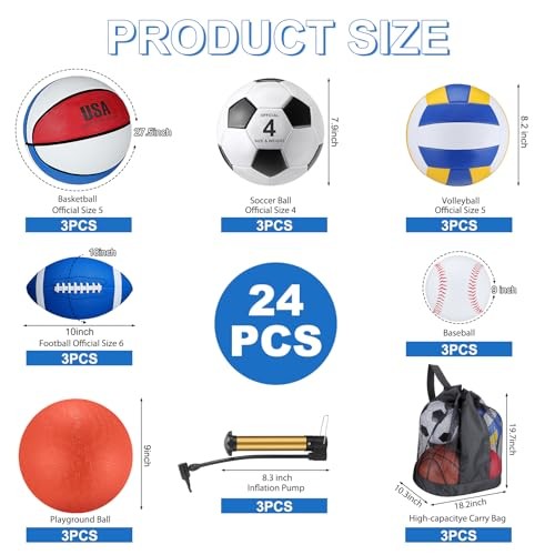  18 Pcs Sports Ball Set for Kids, Official Size Basketball Blue, White, Red